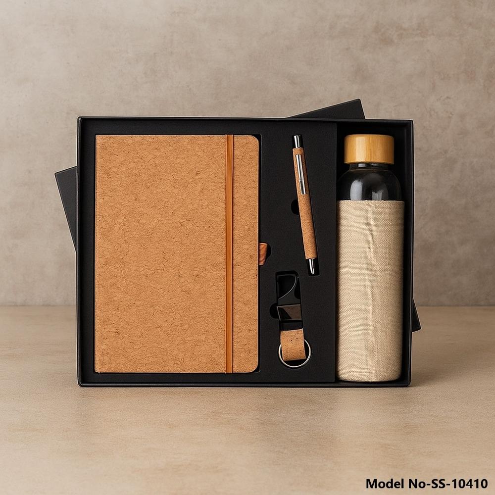 Premium 4-in-1 Full Cork Sustainable Gift Set: Diary, Pen, Keychain & Glass Bottle (SS-10410)