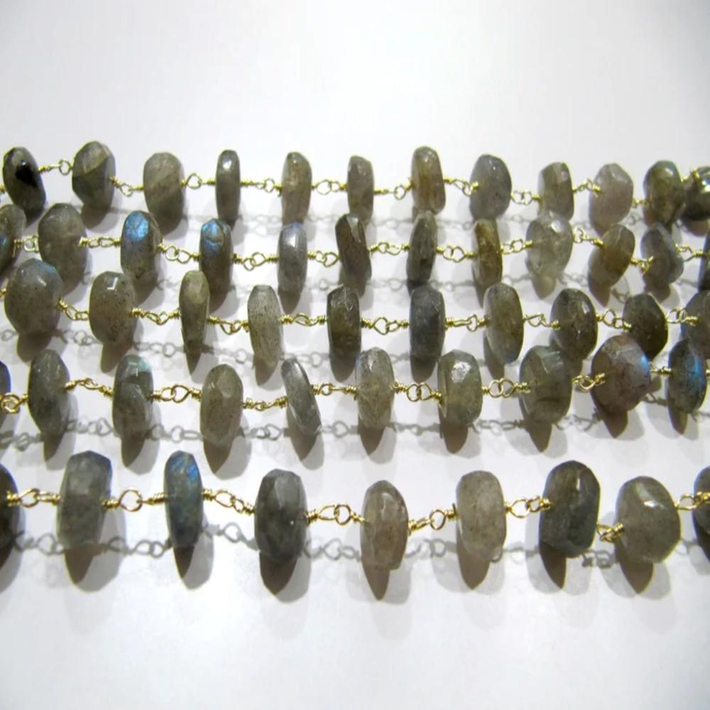 Natural labradorite Rondelle Faceted 6-8mm Size Beads Wire Wrapped Rosary chain Jewelry making Gemstone chain Beaded Chain sold per foot