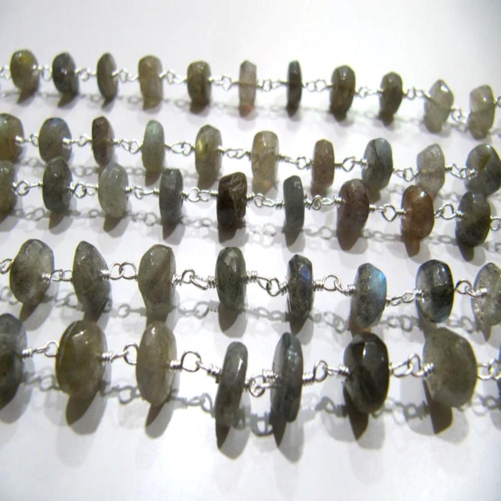Natural labradorite Rondelle Faceted 6-8mm Size Beads Wire Wrapped Rosary chain Jewelry making Gemstone chain Beaded Chain sold per foot
