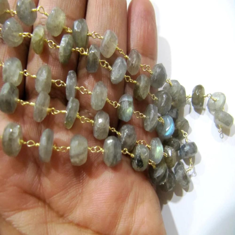 Natural labradorite Rondelle Faceted 6-8mm Size Beads Wire Wrapped Rosary chain Jewelry making Gemstone chain Beaded Chain sold per foot