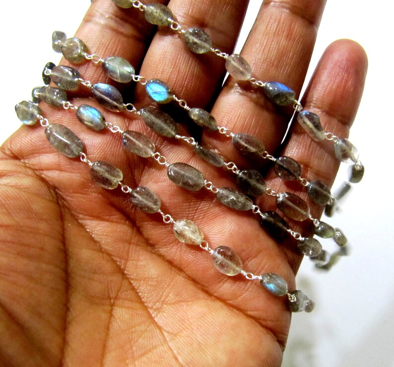 Natural Labradorite Oval Shape Plain Smooth 6x8mm Approx Size Beaded Wire Wrapped Rosary Chain  sold per foot