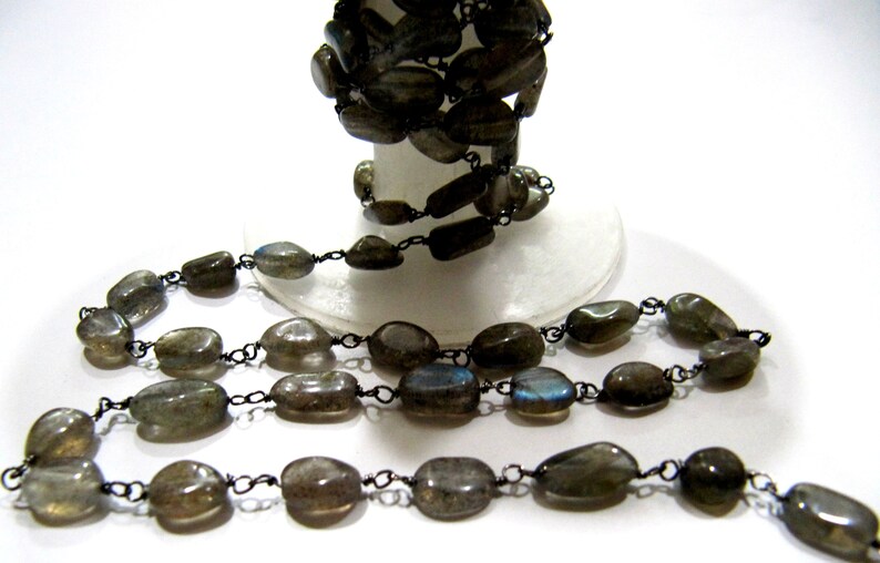 Natural Labradorite Oval Shape Plain Smooth 6x8mm Approx Size Beaded Wire Wrapped Rosary Chain  sold per foot