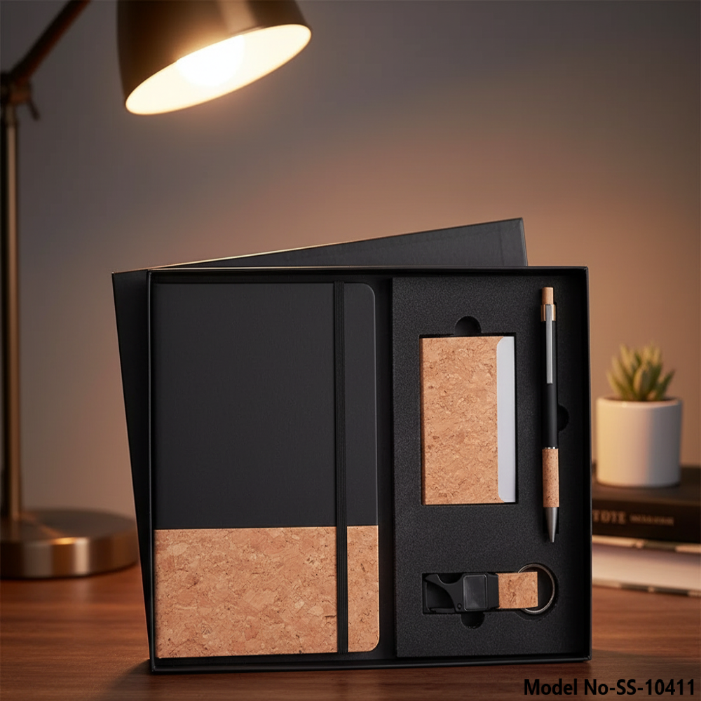 Luxury 4-in-1 Eco-Friendly Cork Corporate Gift Set: Notebook, Pen, Keychain & Card Holder (SS-10411)
