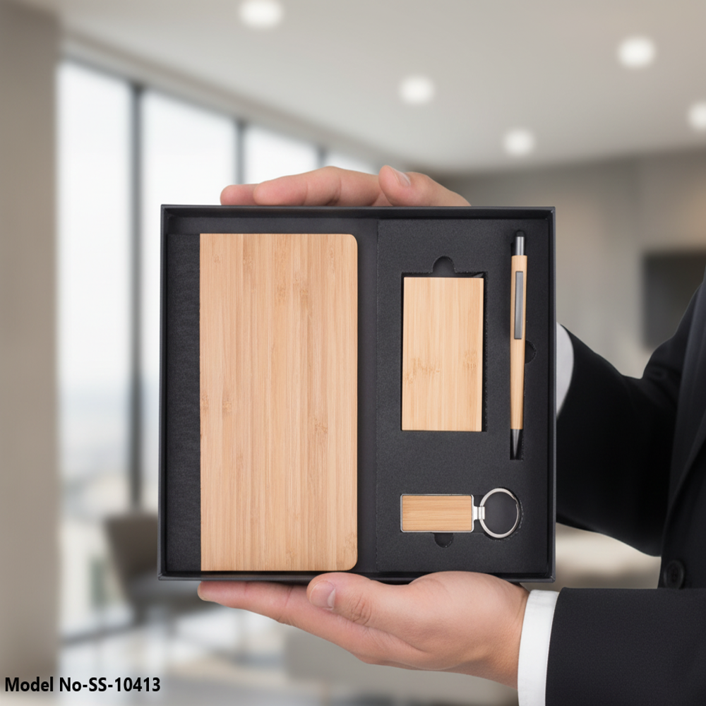 Premium 4-in-1 Bamboo Wood Gift Set: A5 Notebook, Pen, Keychain & Card Holder (SS-10413)