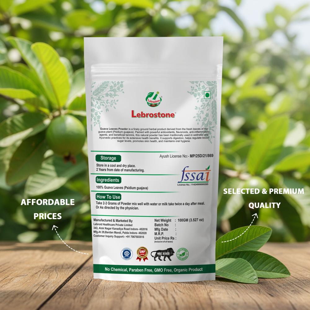 Lebrostone Guava Leaves Powder  Natural Blood Sugar Support, Immunity & Digestion Aid, Healthy Skin(100g)