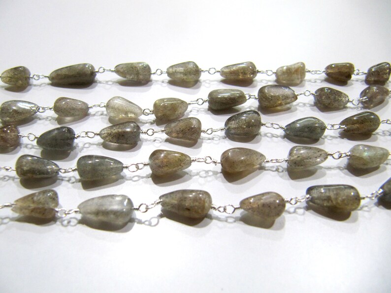Natural Labradorite Plain Smooth Drop Shape 5x10mm Size Wire Wrapped Beaded Rosary Chain Jewelry making Chain sold per foot