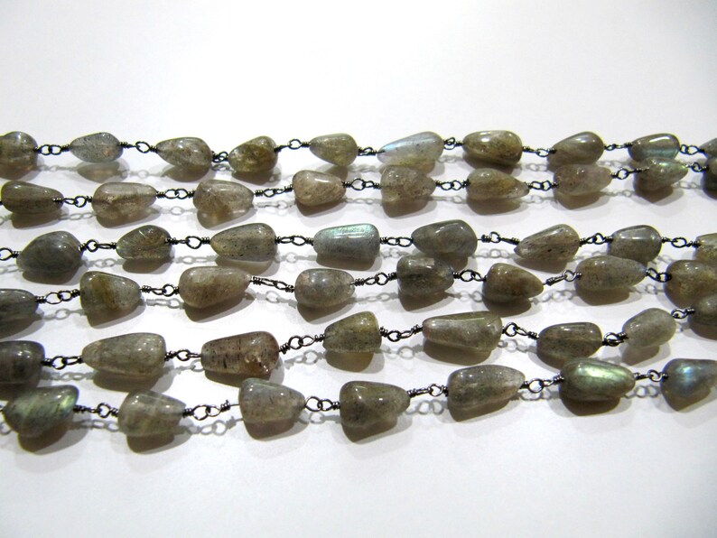 Natural Labradorite Plain Smooth Drop Shape 5x10mm Size Wire Wrapped Beaded Rosary Chain Jewelry making Chain sold per foot
