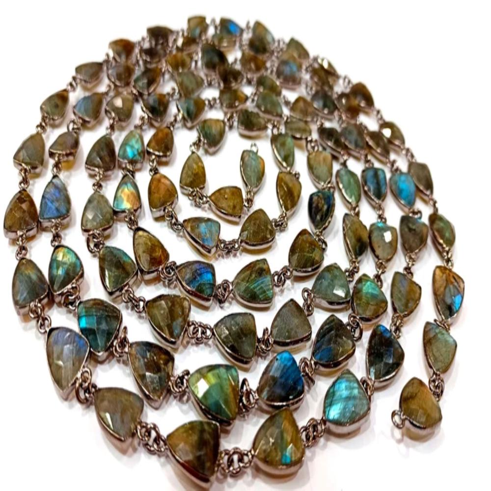 Natural Labradorite Trillion Shape Briolette Faceted Bezel Connector Chain 10x13mm Gold Plated Sold Per Foot 