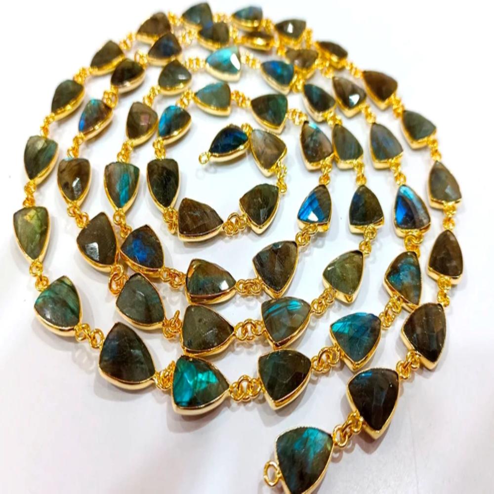 Natural Labradorite Trillion Shape Briolette Faceted Bezel Connector Chain 10x13mm Gold Plated Sold Per Foot 