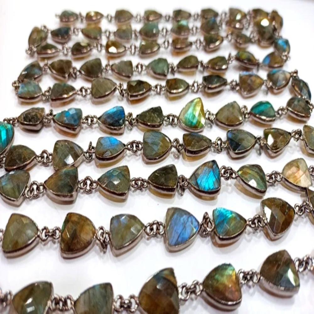Natural Labradorite Trillion Shape Briolette Faceted Bezel Connector Chain 10x13mm Gold Plated Sold Per Foot 