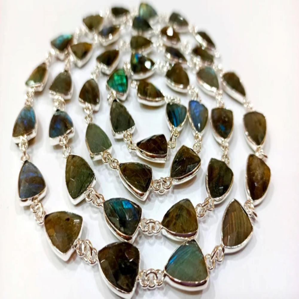 Natural Labradorite Trillion Shape Briolette Faceted Bezel Connector Chain 10x13mm Gold Plated Sold Per Foot 