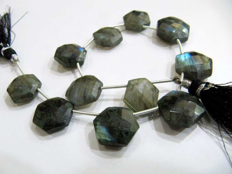 Natural Labradorite Hexagon Shape Faceted Briolette 12 to 15mm Beads Strands 8 inch Long Black Rainbow Jewelry Making Gemstone