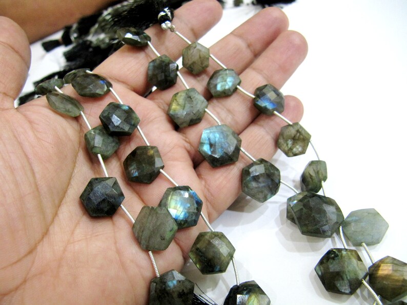 Natural Labradorite Hexagon Shape Faceted Briolette 12 to 15mm Beads Strands 8 inch Long Black Rainbow Jewelry Making Gemstone