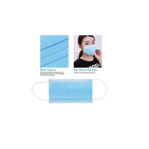Disposable Coronaviruses Mask - Non-Woven Melt-Blown Fabric, 17.5x9.5 cm, Blue | 3 Ply, 95% BFE, Fluid Resistant, Latex-Free, Adjustable Nose Bar