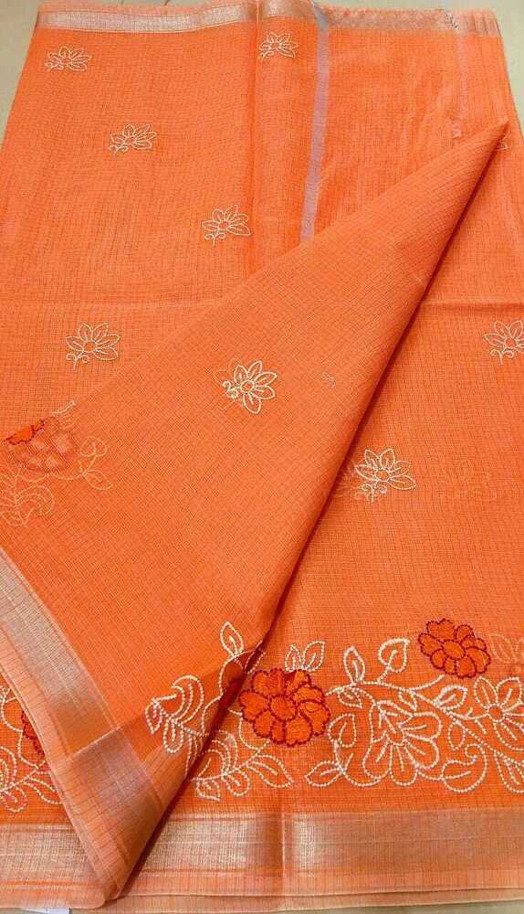 Orange Kota Doria Embroidery Saree