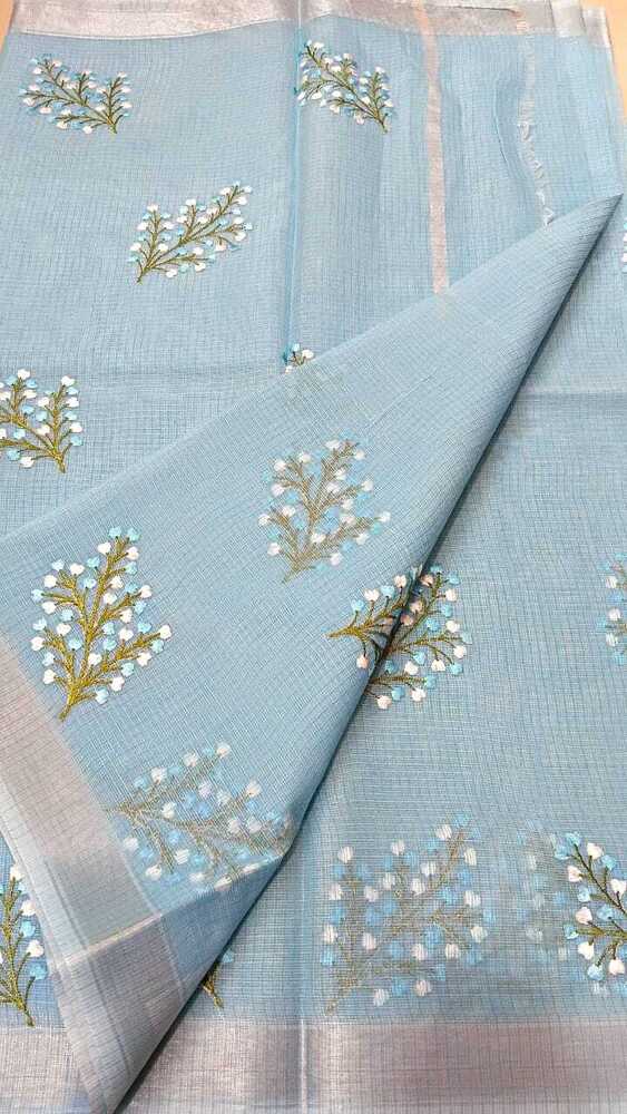 Sky Blue Kota Doria Embroidery Saree