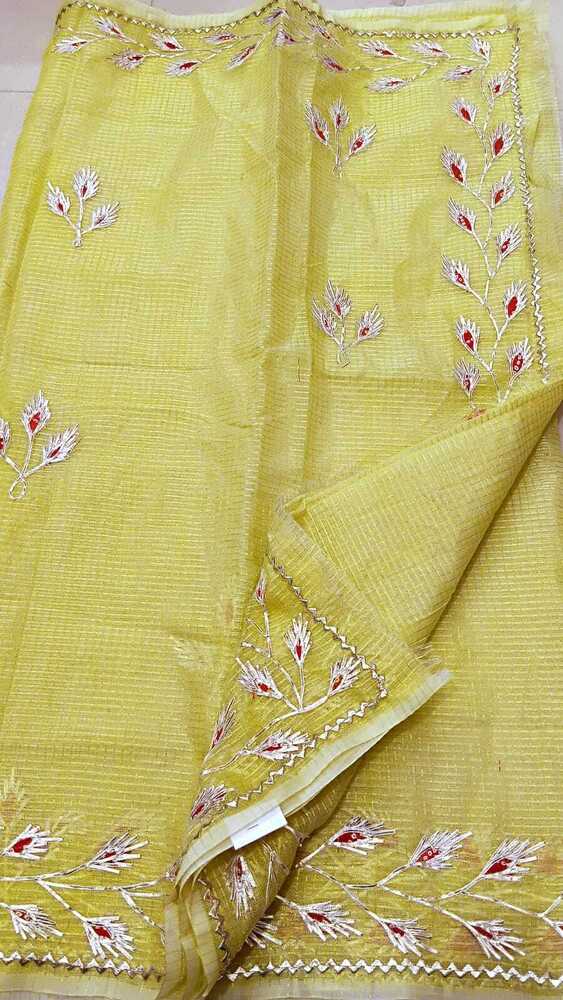Light Yellow Kota Doria Jugnu Checks Gotta Patti Work Sarees