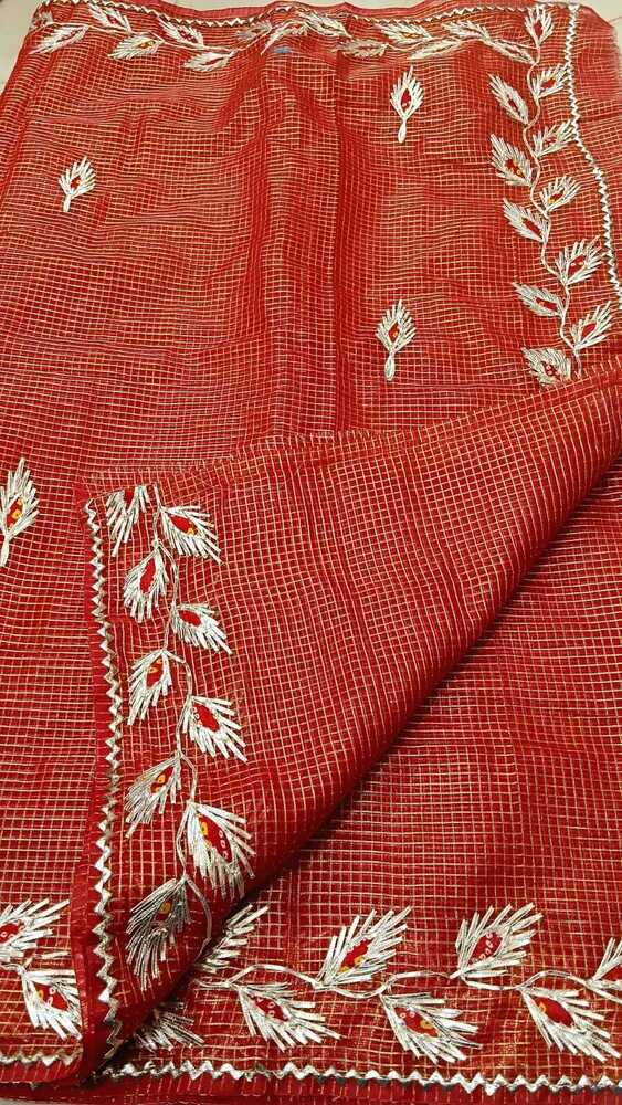 Orange Kota Doria Jugnu Checks Gotta Patti Work Sarees