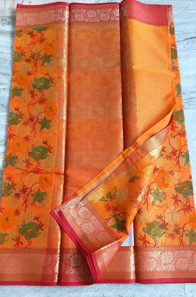 Orange Kota Doria Zari Weaving Saree