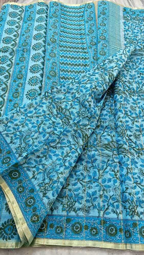 Blue Kota Munga Doria Handblock Print Saree