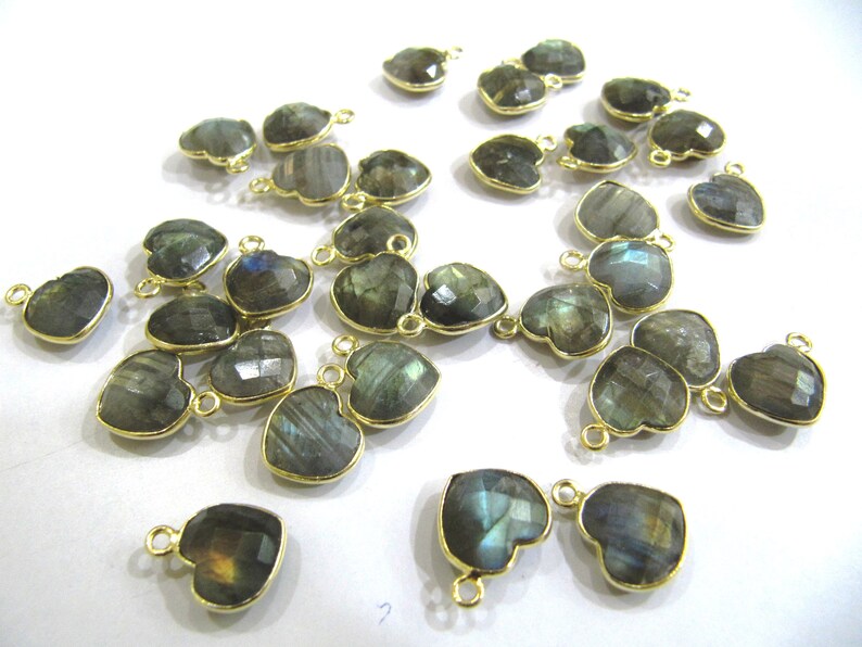 Natural Gemstone heart shape single loop Bezel Connectors Gold Plated 10mm Charms for jewellery making sold per piece