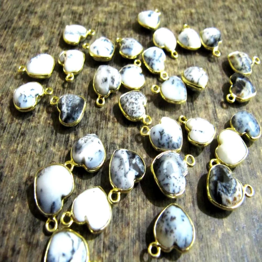 Natural Gemstone heart shape single loop Bezel Connectors Gold Plated 10mm Charms for jewellery making sold per piece