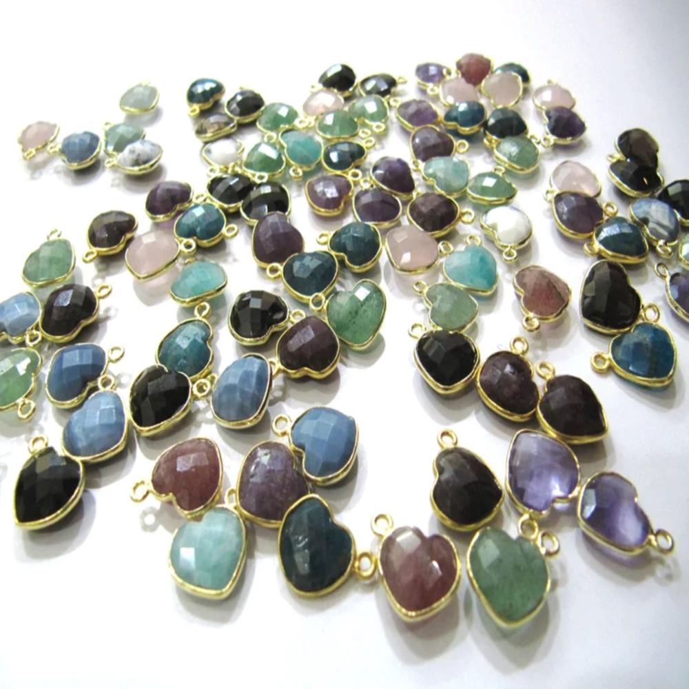 Natural Gemstone heart shape single loop Bezel Connectors Gold Plated 10mm Charms for jewellery making sold per piece