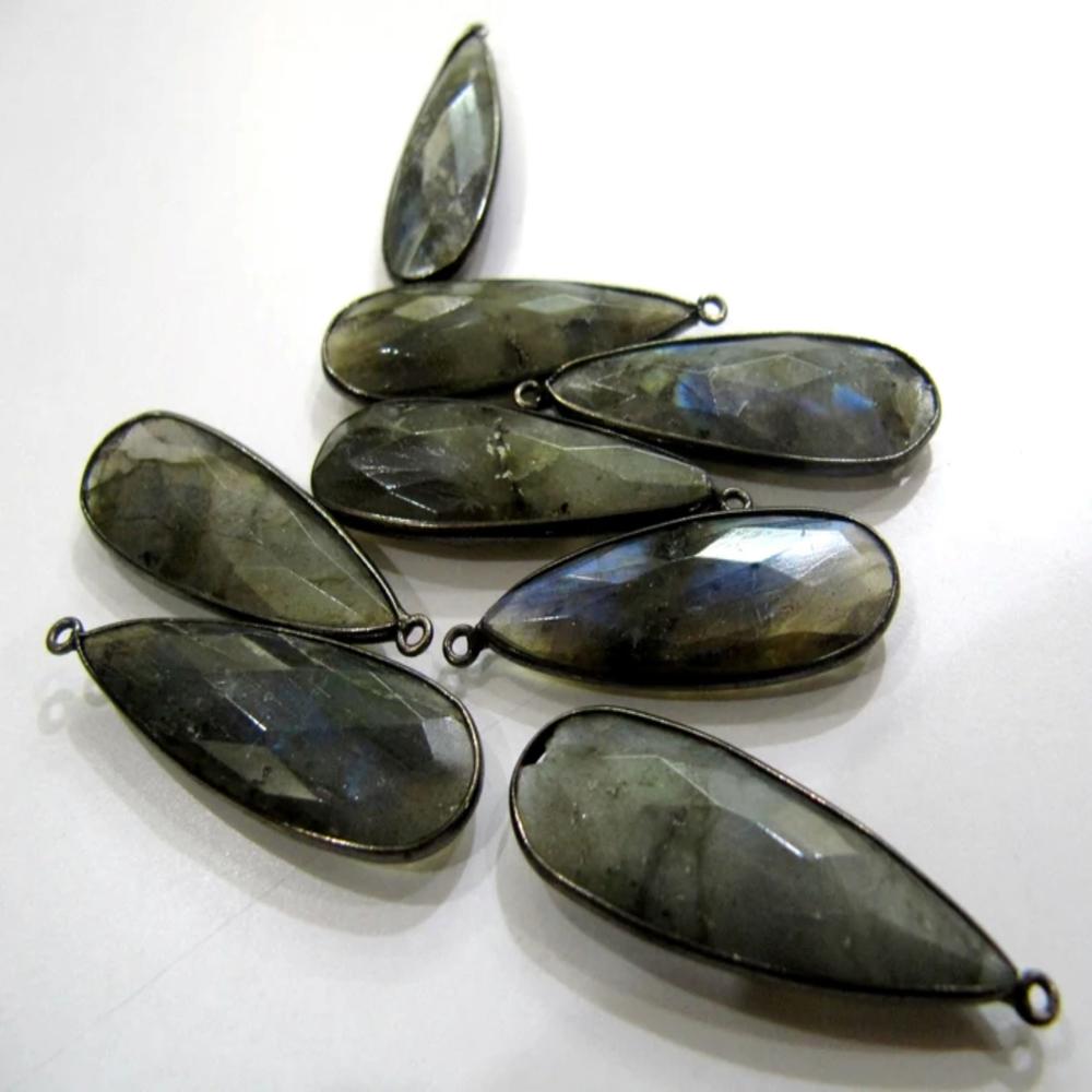 Natural Labradorite Long Pear Shape 10x28 to 12x30mm Briolette Faceted Blue Flashy Single Loop Bezel Connectors Sold Per Piece