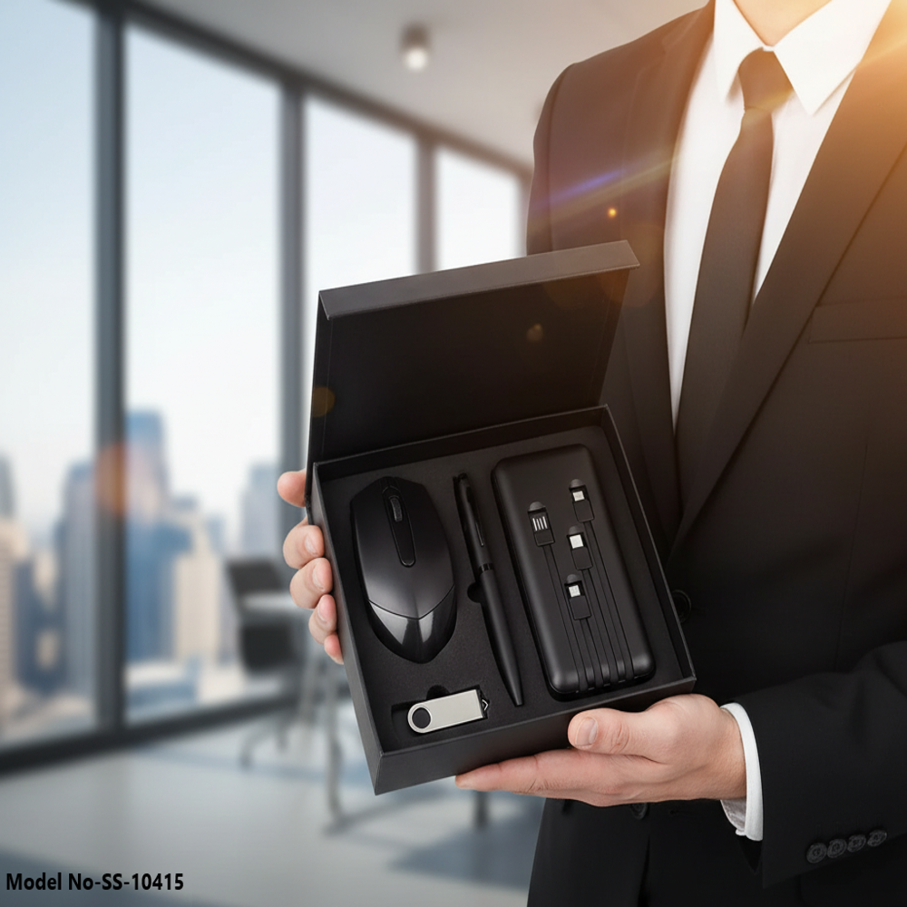 Executive 4-in-1 Corporate Tech Gift Set, Wireless Mouse, Power Bank, Pen & USB (SS-10415)