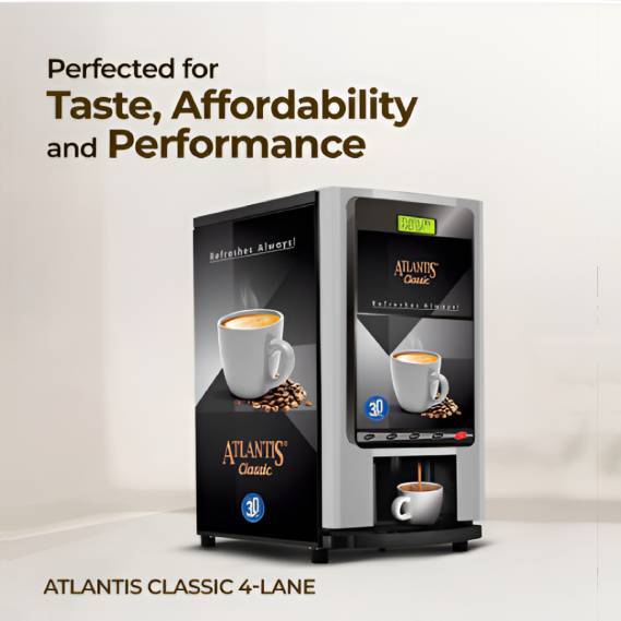 ATLANTIS CLASSIC 4 लेन चाय और कॉफी वेंडिंग मशीन जिसमें 3 लीटर का गर्म टैंक है
