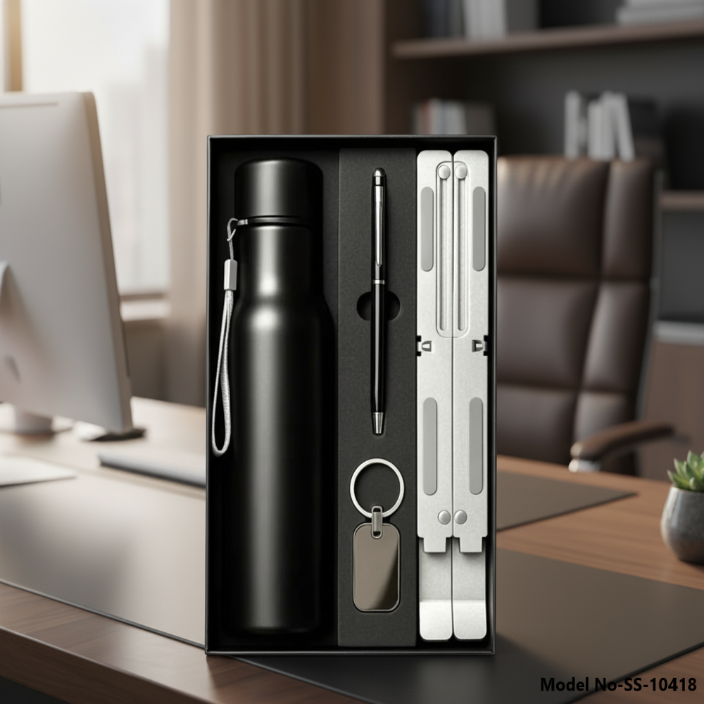 Luxury Employee Gifting Box: Matte Black Flask, Laptop Stand, Keychain & Pen (SS-10418)