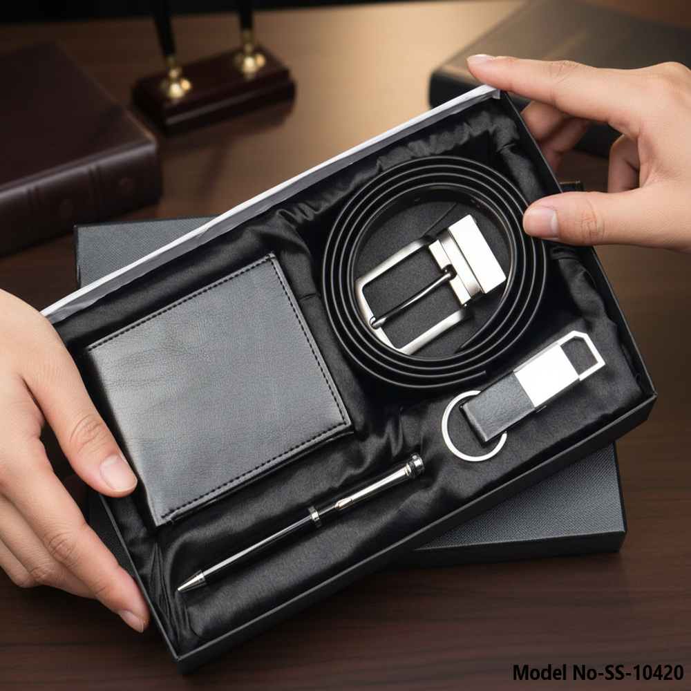 Premium Men's 4-in-1 Leather Gift Set: Formal Belt, Wallet, Keychain & Metal Pen (SS-10420)
