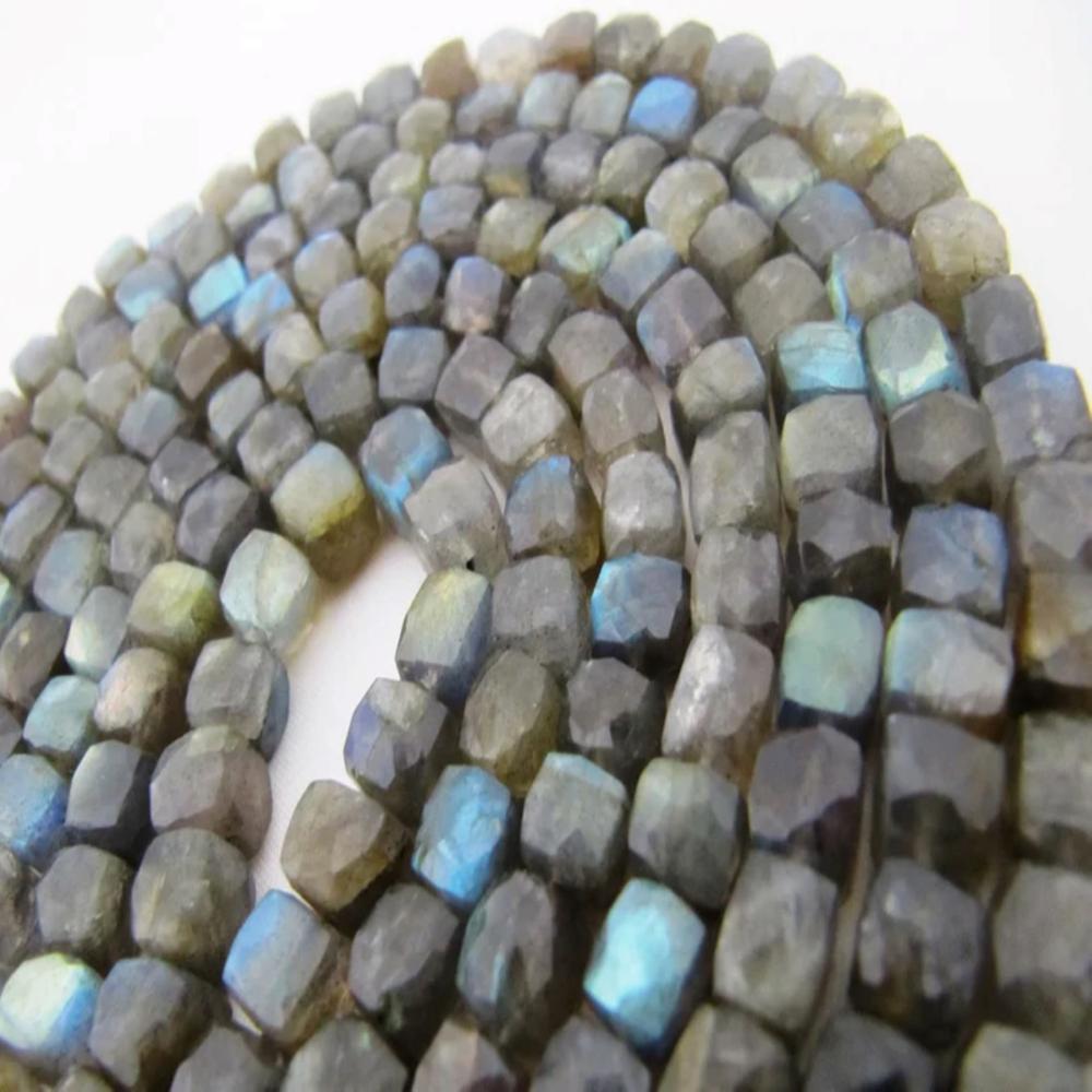 Natural Labradorite 3D Cube Beads 6 to 8mm Faceted Box Shape Beads Sold per strand 8 inches long Blue Flashy Gemstone Beads