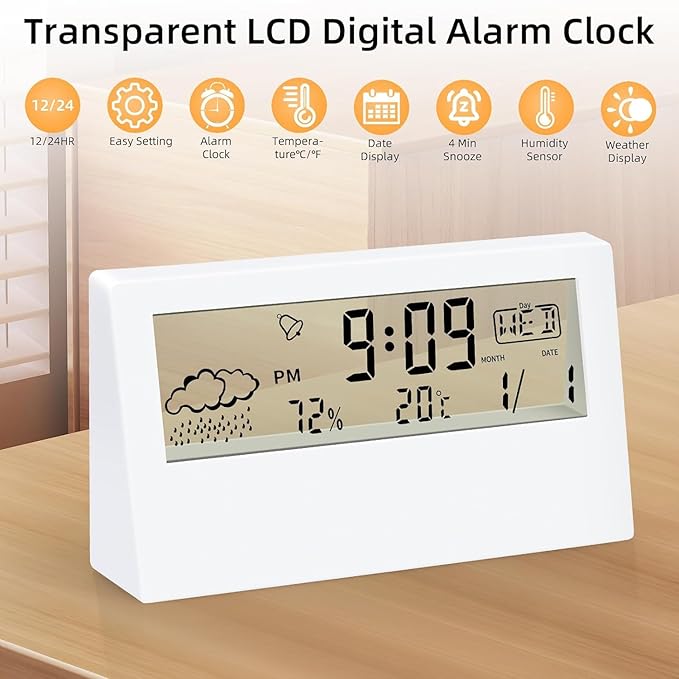 Horizontal Digital Desk Clock with Temperature, Alarm Clock & Weather Display