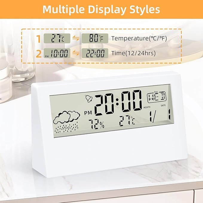 Horizontal Digital Desk Clock with Temperature, Alarm Clock & Weather Display