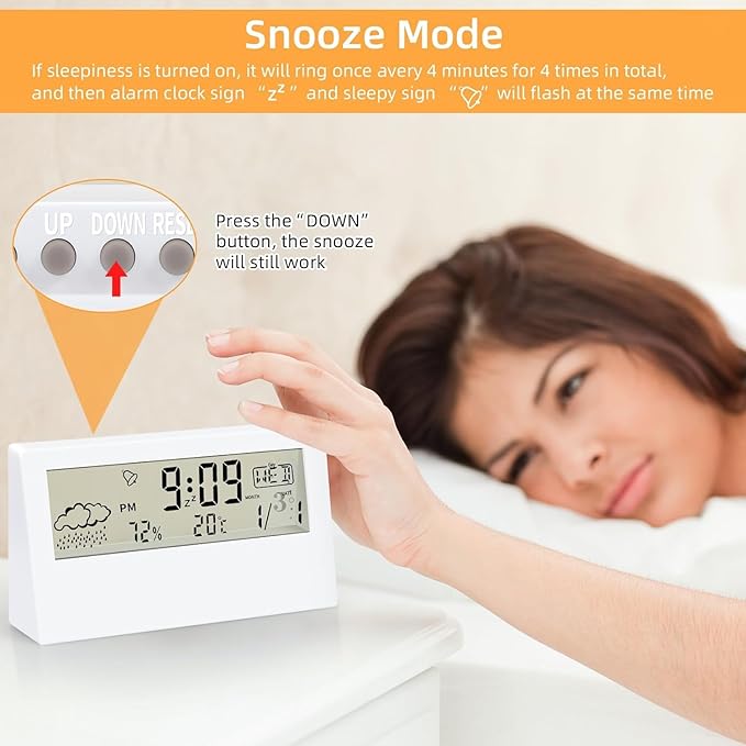 Horizontal Digital Desk Clock with Temperature, Alarm Clock & Weather Display