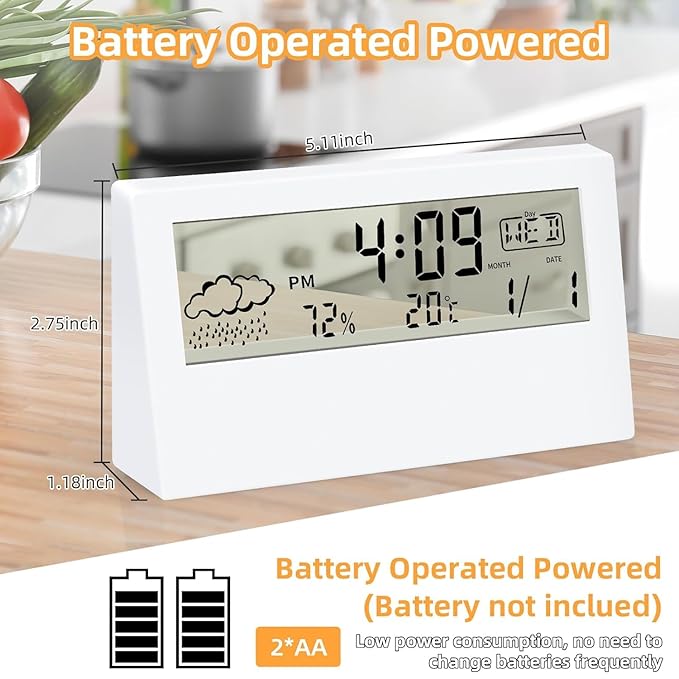 Horizontal Digital Desk Clock with Temperature, Alarm Clock & Weather Display