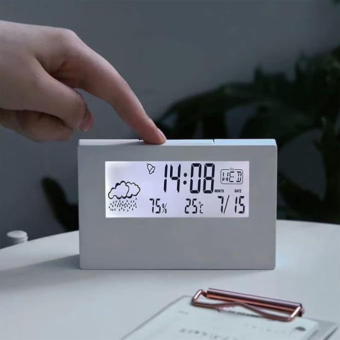 Horizontal Digital Desk Clock with Temperature, Alarm Clock & Weather Display