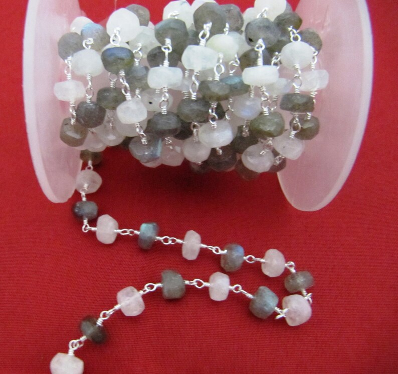 Natural Labradorite and Rainbow Moonstone 5-7mm Rondelle Faceted Rosary Beaded Chain Semi Precious Beads Wholesale Prices sold per foot