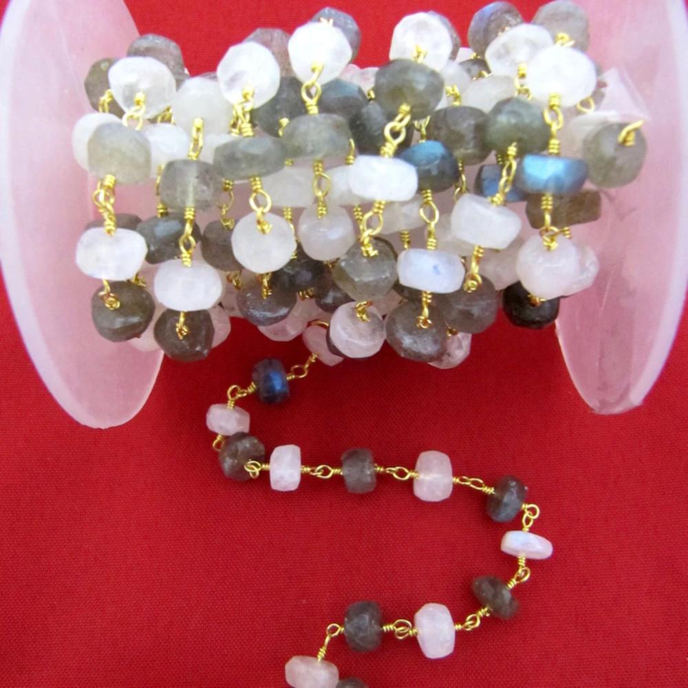 Natural Labradorite and Rainbow Moonstone 5-7mm Rondelle Faceted Rosary Beaded Chain Semi Precious Beads Wholesale Prices sold per foot