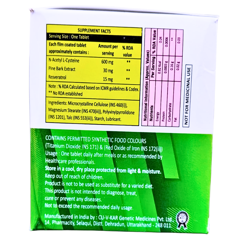 N-Acetyl L-Cysteine (NAC), Pine Bark Extract, and Resveratrol Tablets