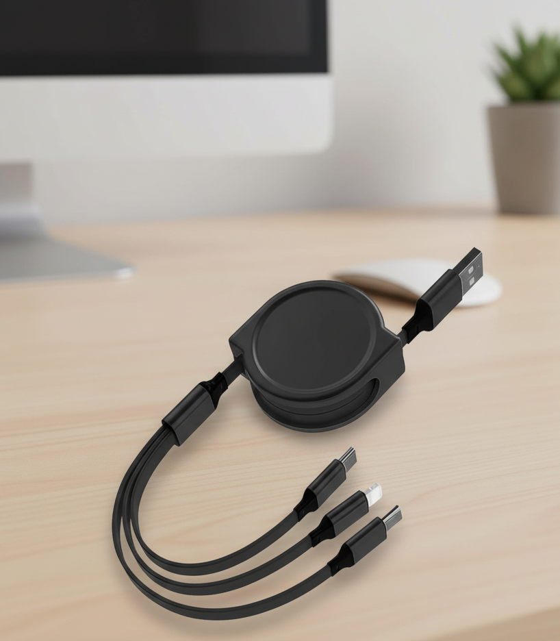 Universal Retractable Usb Charging Cable (type C / Micro / Lightning) (ss-501) - Color: Black