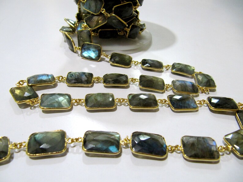 Natural Labradorite Cushion Shape Briolette faceted Bezel Connector Chain 13x17mm Gold Plated Sold Per Foot 