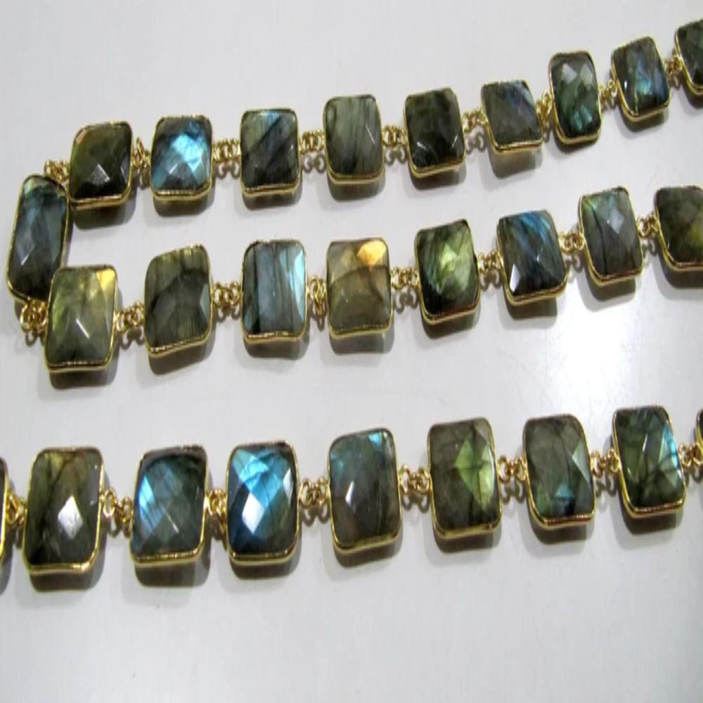 Natural Labradorite Cushion Shape Briolette faceted Bezel Connector Chain 13x17mm Gold Plated Sold Per Foot
