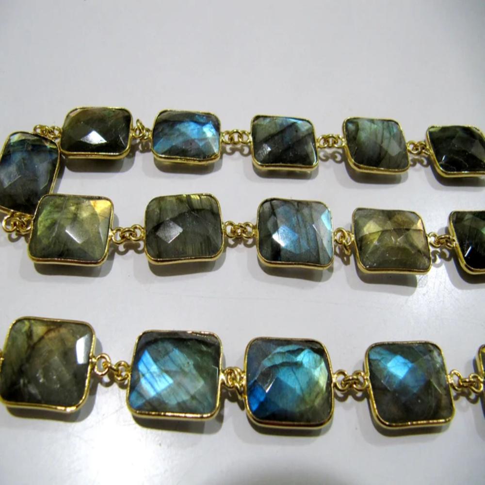 Natural Labradorite Cushion Shape Briolette faceted Bezel Connector Chain 13x17mm Gold Plated Sold Per Foot