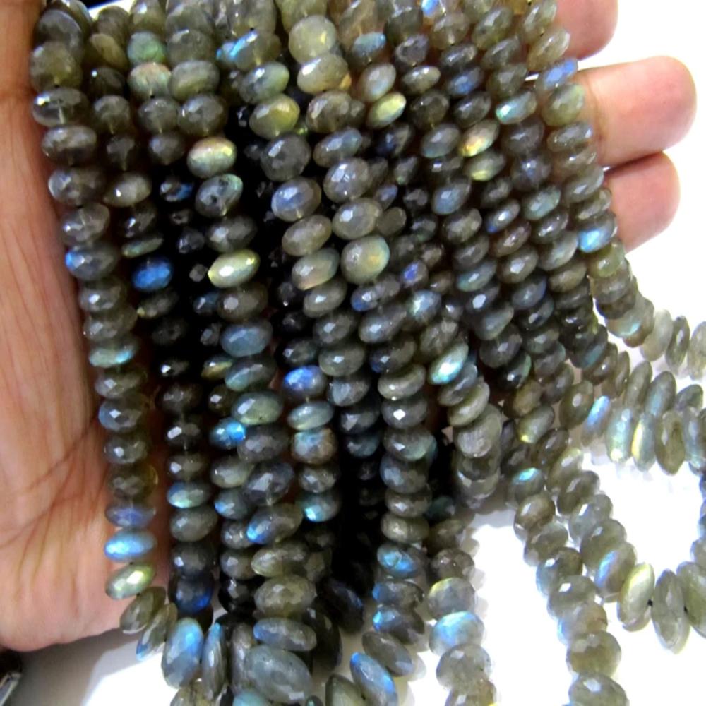Natural Labradorite Rondelle Faceted German Cut 7 to 13mm Size Graduated Beads Strand 8 Inches Long