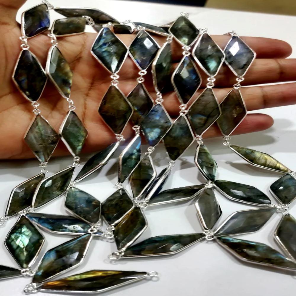 Natural Labradorite Marquise Fancy Shape Size 14x34mm Laser Cut Briolette Connector Chain Gold/Silver/Black/Rose Gold Plated Sold Per Foot