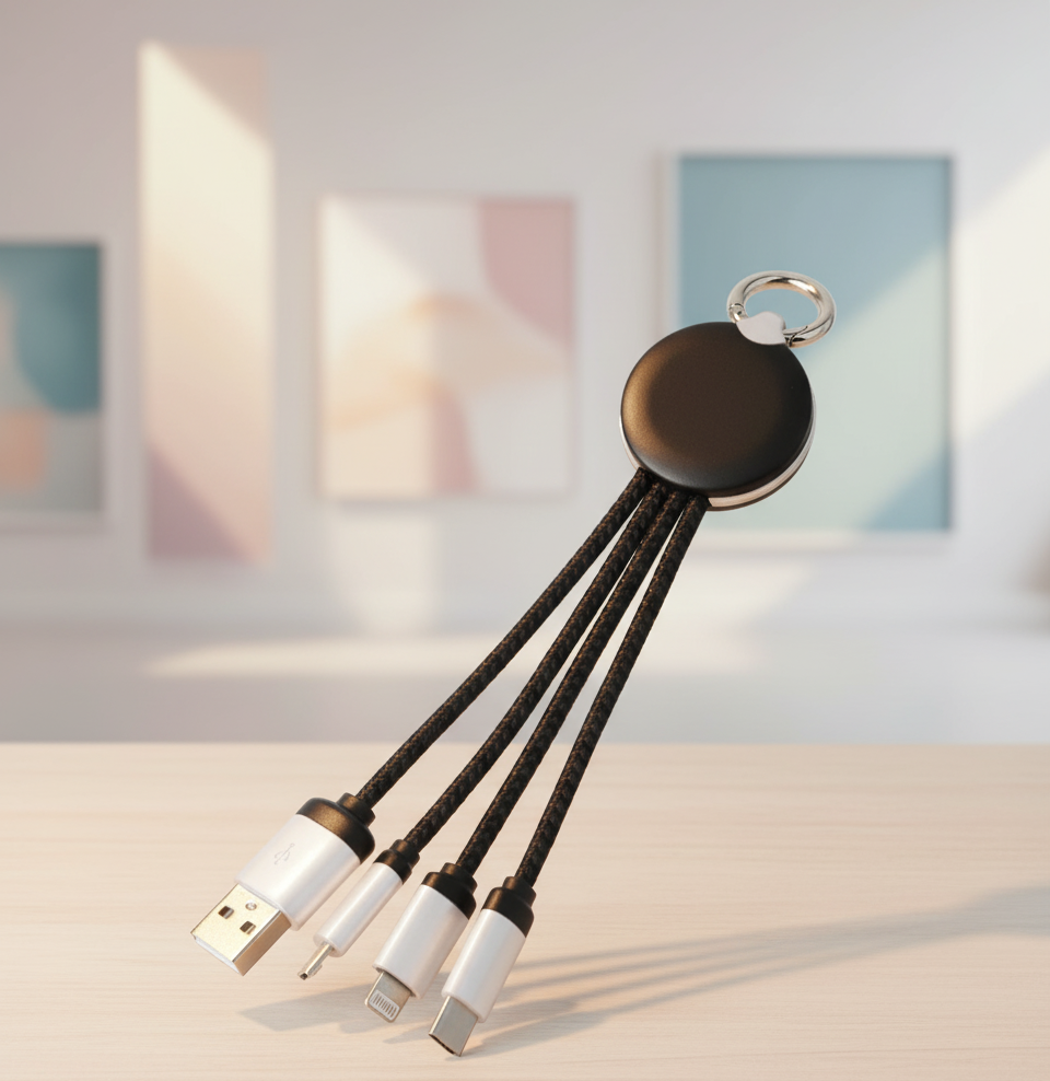 3-in-1 Nylon Braided Multi-Charging USB Cord with Anti-Tangle Short Lead and Metal Keychain Ring