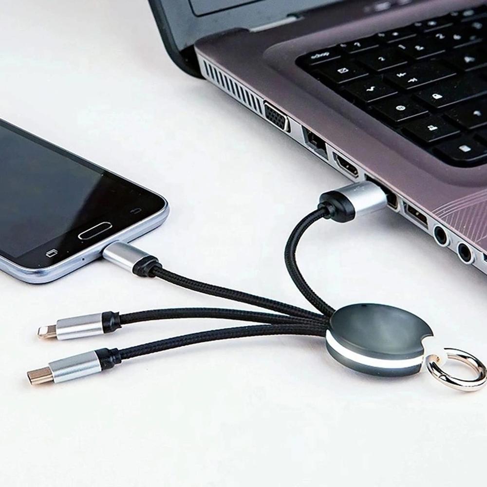3-in-1 Nylon Braided Multi-Charging USB Cord with Anti-Tangle Short Lead and Metal Keychain Ring