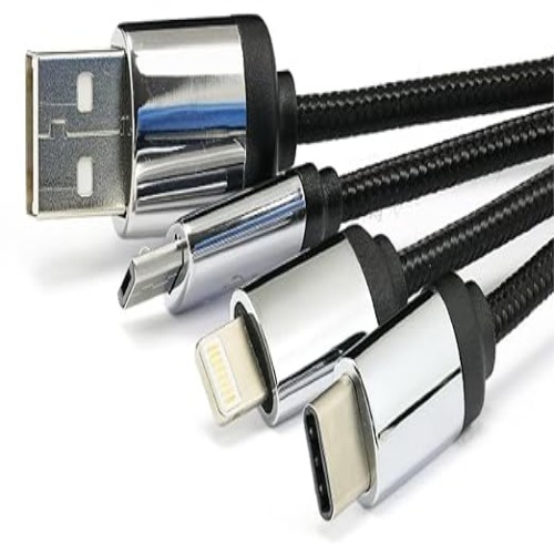 3-in-1 Nylon Braided Multi-Charging USB Cord with Anti-Tangle Short Lead and Metal Keychain Ring